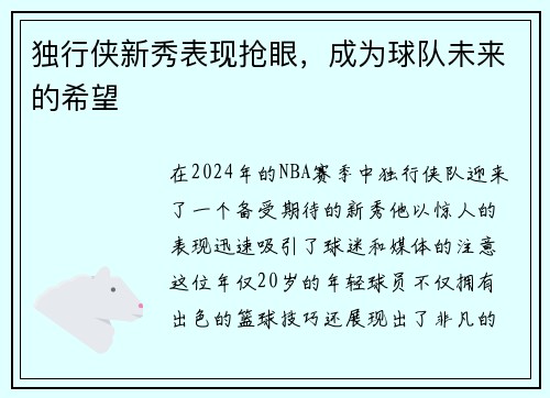 独行侠新秀表现抢眼，成为球队未来的希望