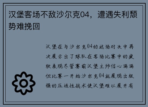 汉堡客场不敌沙尔克04，遭遇失利颓势难挽回